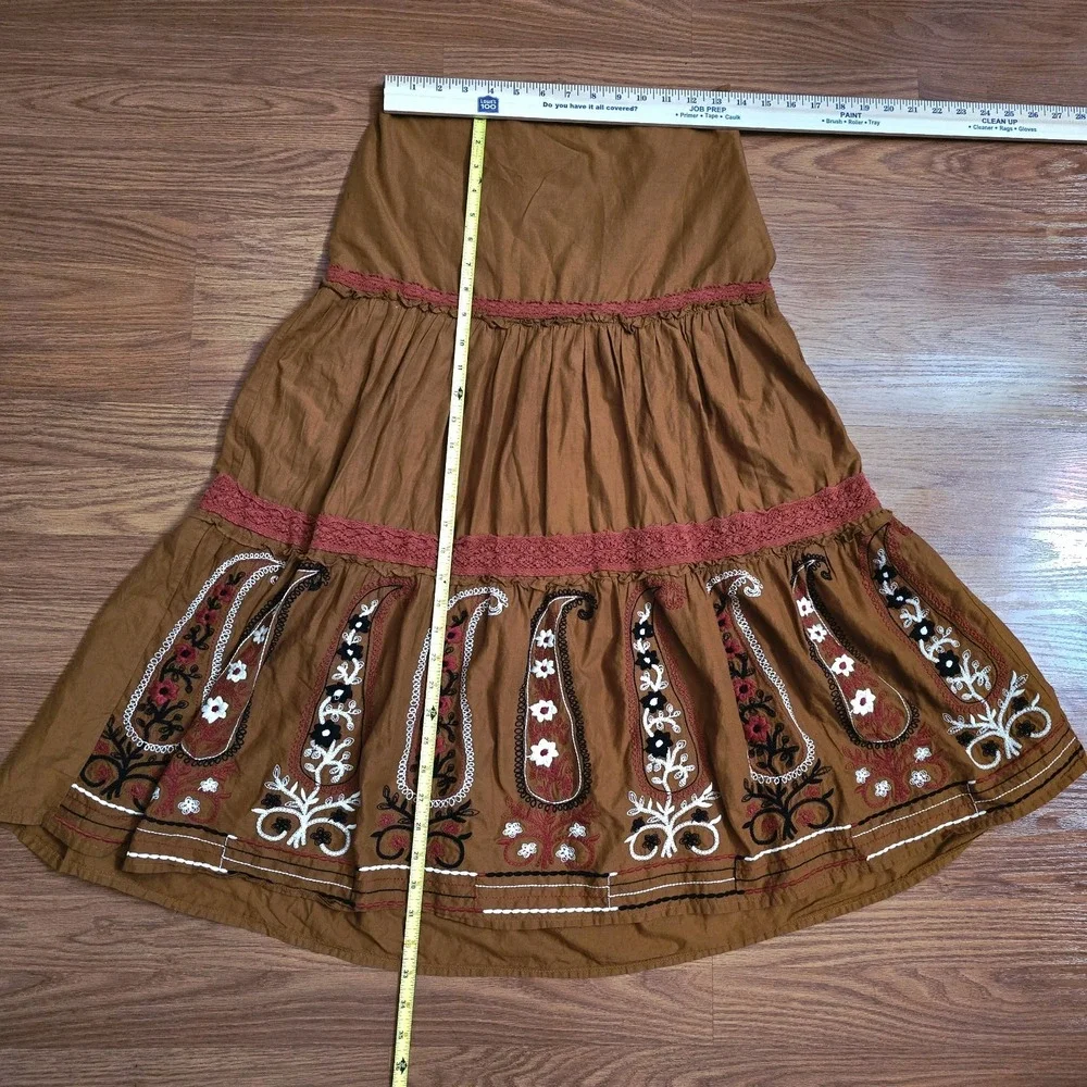 LUCCA Brown Cotton Tiered Midi Skirt Embroidered Paisley Crochet‎ Lace Small - Picture 7 of 11